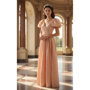 Vintage 80's Prom Off Shoulder  V Neck Coquette Whimsical Salmon Princess  Dress